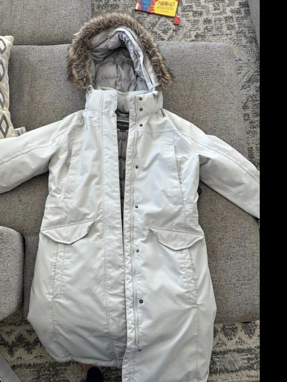 Eddie Bauer White Hooded Parka with Faux Fur Trim